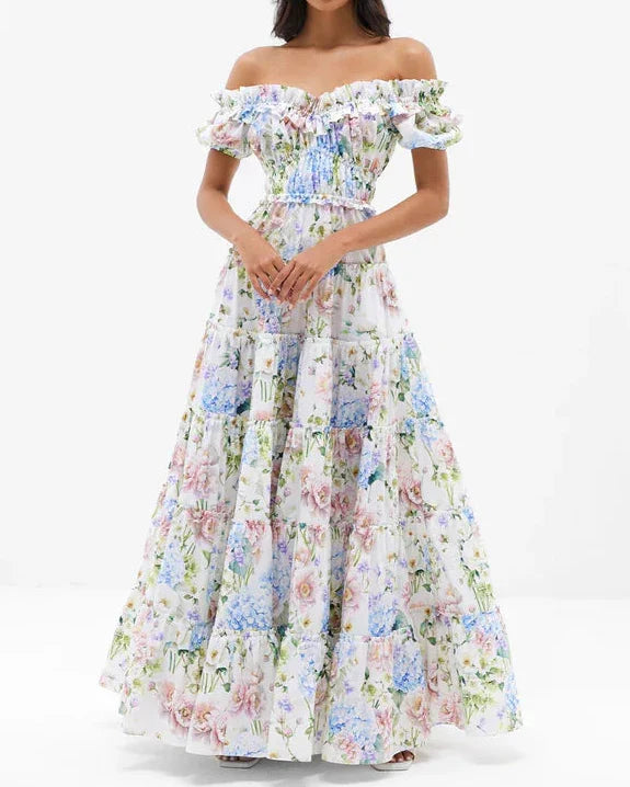 Hydrangea Floral Print Off Shoulder Smocked Waist Tiered Ruffle Maxi Dress