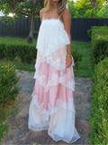 Pink & White Ombre Lace Layered Spaghetti Strap Cake Maxi Dress