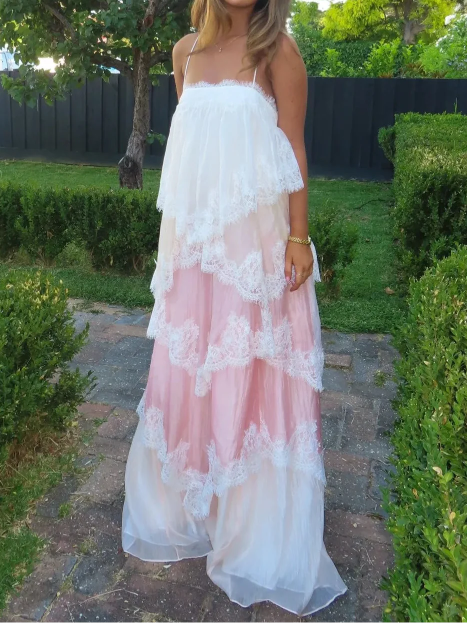 Pink & White Ombre Lace Layered Spaghetti Strap Cake Maxi Dress