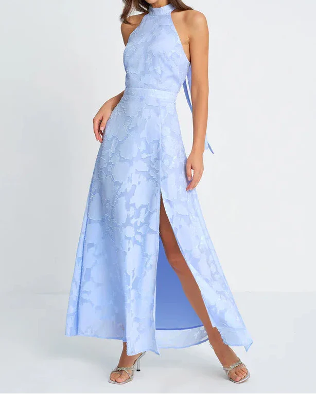 Light Blue Halter Jacquard Open Back Slit Maxi Dress