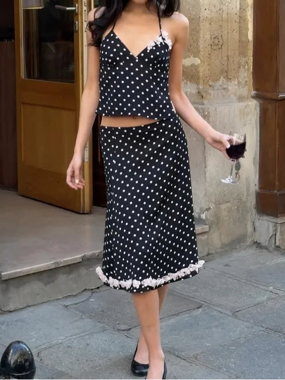 Polka Dot Halter Floral Trim Two-Piece Set