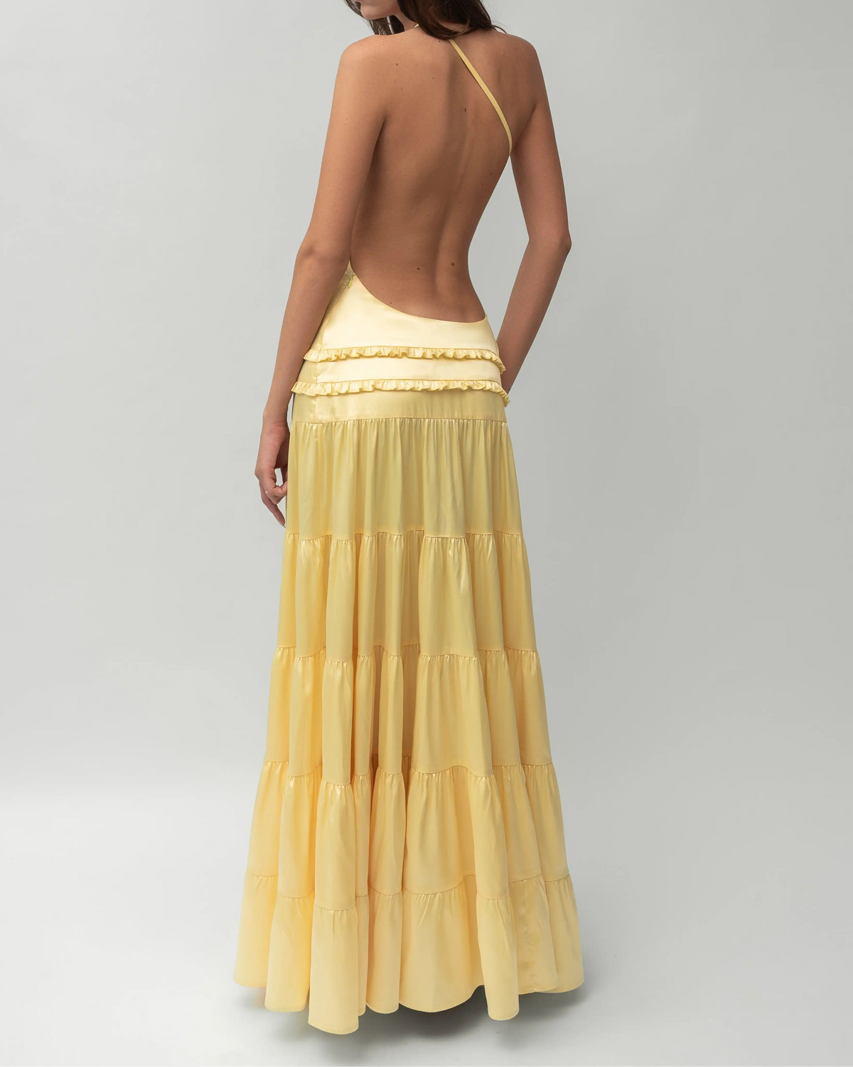 One-Shoulder Open-Back Satin Tiered Maxi Dress