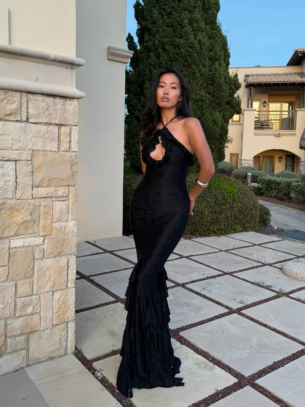 Women Halter Keyhole Ruffle Bodycon Mermaid Train Maxi Dress