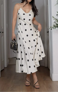 French Retro Polka Dot Satin Cami Midi Dress | Elegant V-Neck Waist-Cinching Slimming Dress