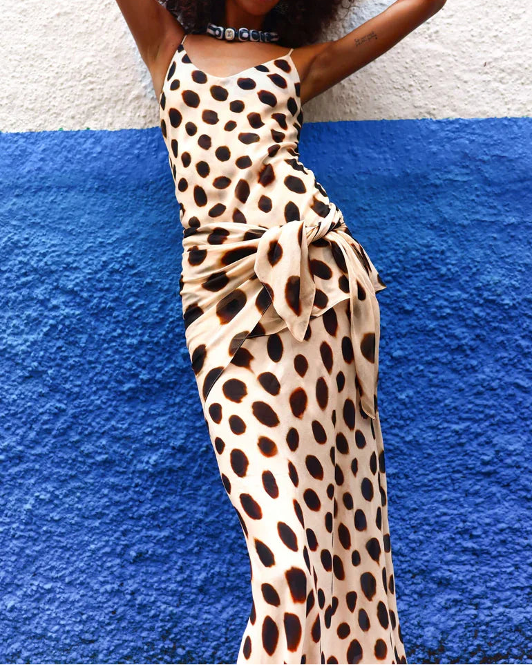 Beige Leopard Print Spaghetti Strap Waist Tie Bodycon Mermaid Maxi Dress