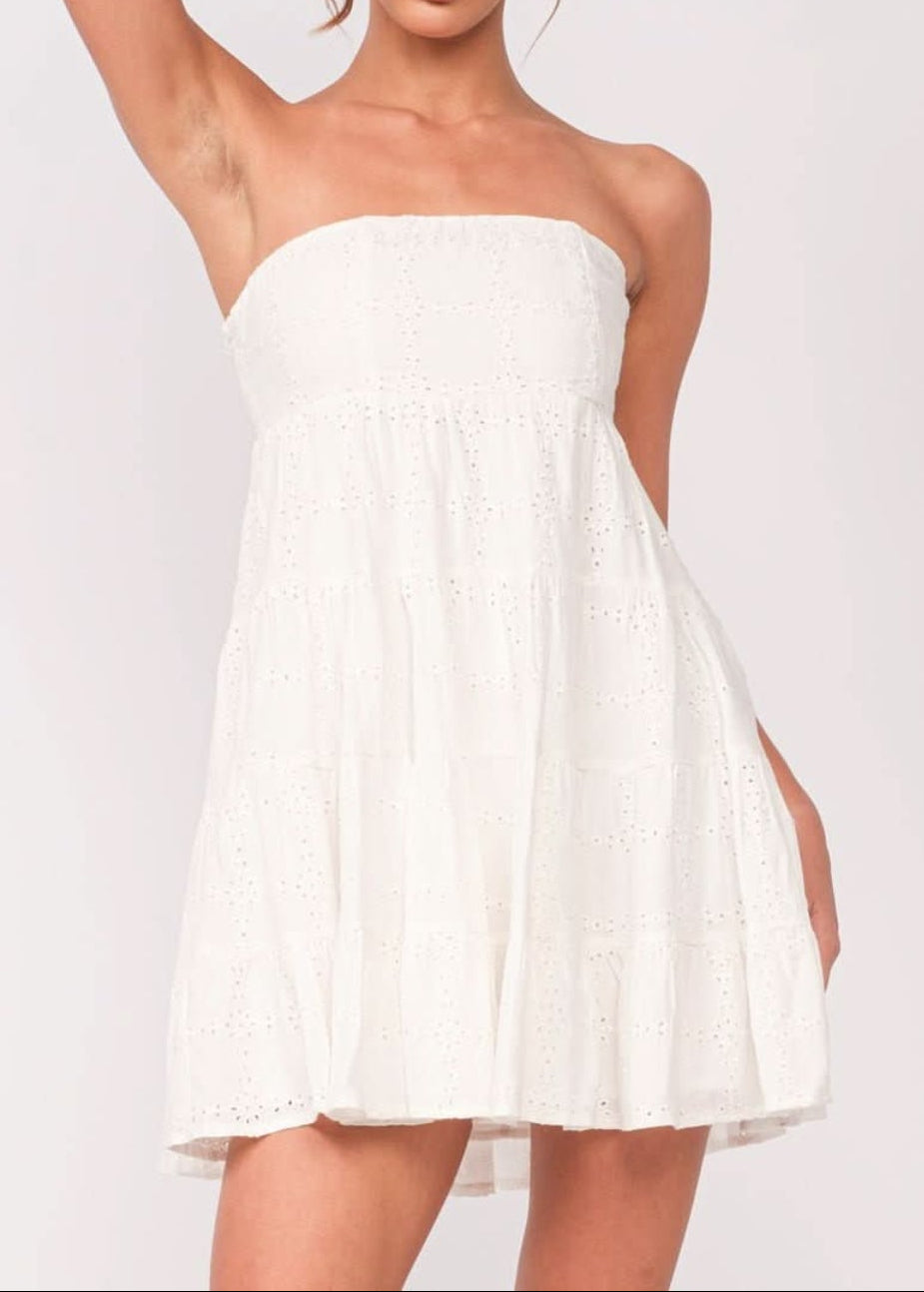 Avery White Eyelet Strapless Mini Dress
