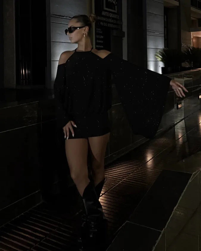 Halter Open-Back Cold Shoulder Flare Sleeve Bodycon Mini Dress