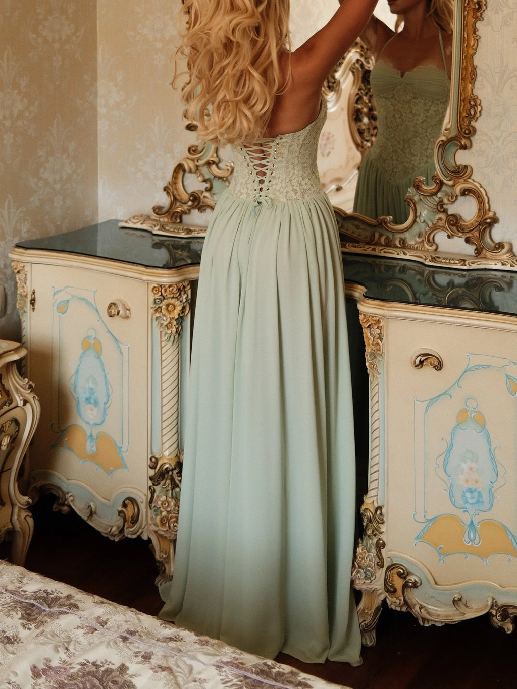 Women Thin Spaghetti Strap Eyelash Lace Corset Bodice Lace Up Back Chiffon Flowy Maxi Dress
