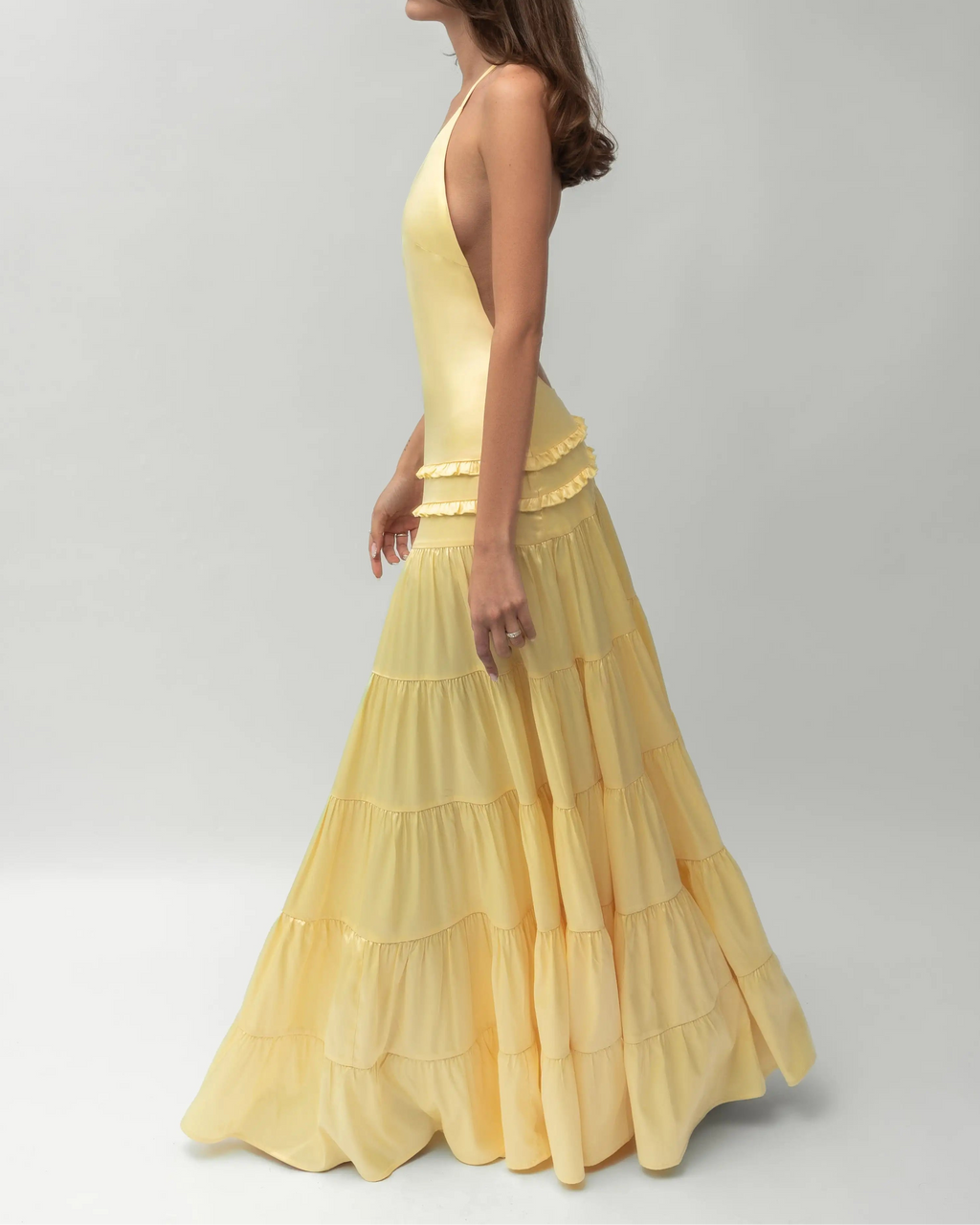 One-Shoulder Open-Back Satin Tiered Maxi Dress