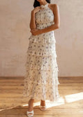 Beige Purple Floral Halter Tie-Back Backless Ruffle Maxi Dress | Vacation Style Elegant Floral Dress