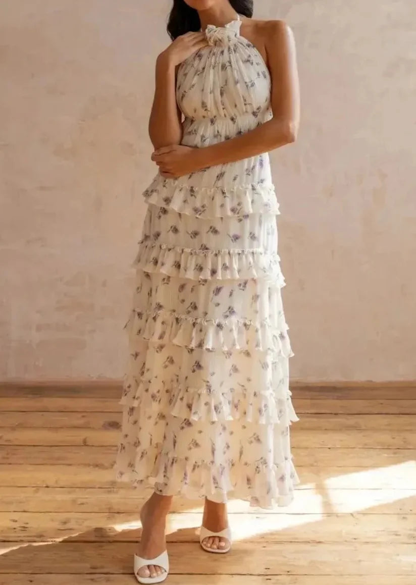 Beige Purple Floral Halter Tie-Back Backless Ruffle Maxi Dress | Vacation Style Elegant Floral Dress