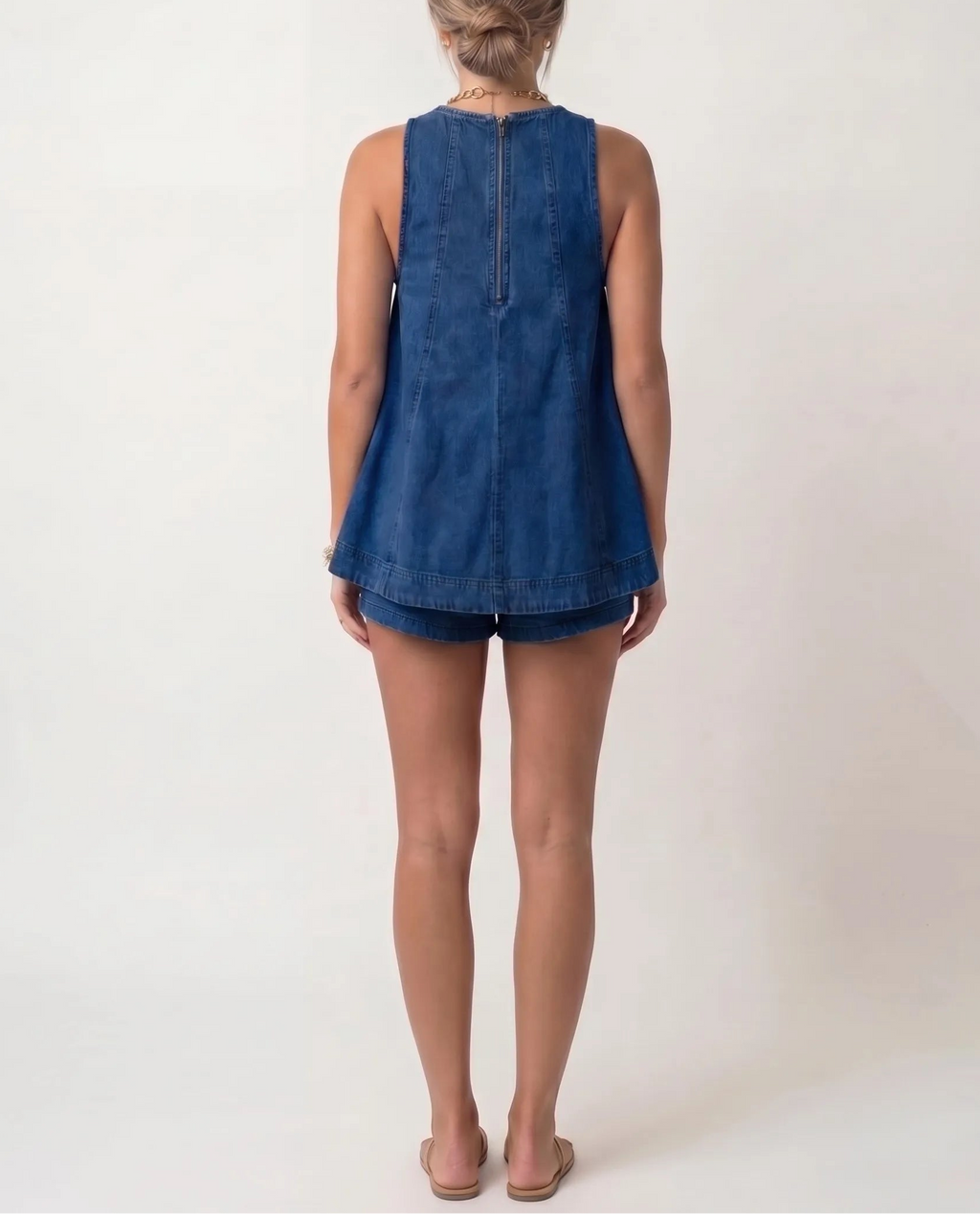Denim Sleeveless A-Line Top & Shorts Set