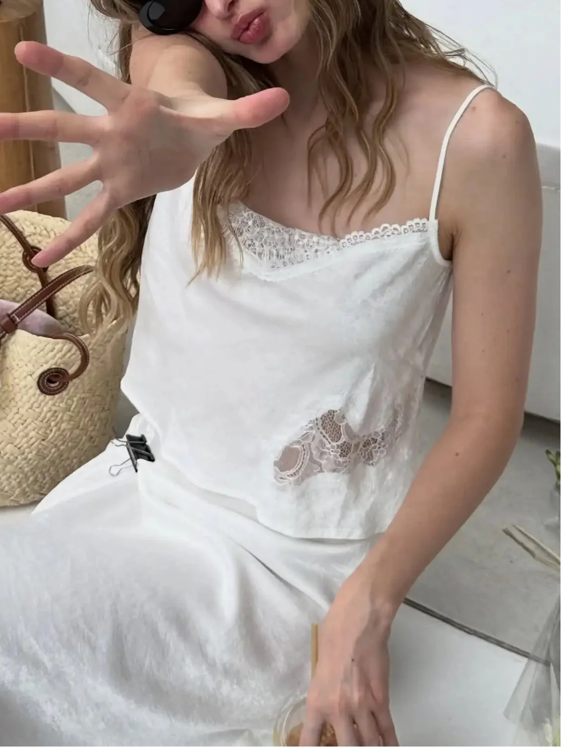French Lazy Style Lace Patchwork Cami + Wrap Lace Hem Midi Skirt Set