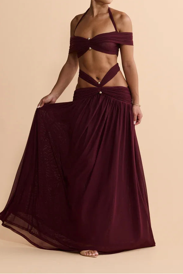 Halter Off-Shoulder Mesh Cut-Out Waist-Cinching Maxi Two-Piece Set | Sexy Backless Vacation Outfit