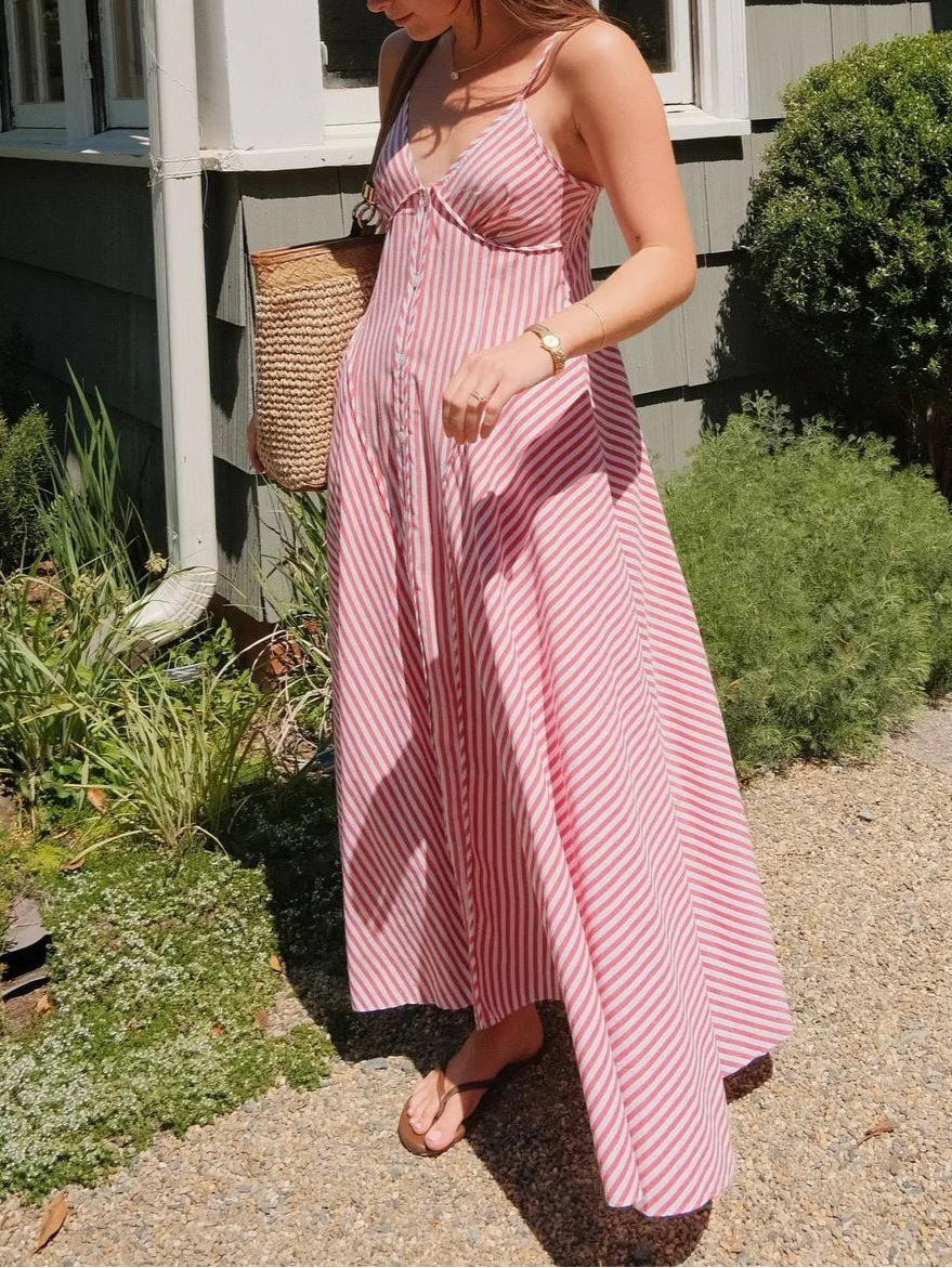 Red & White Striped V-Neck Cami Waisted Maxi Dress