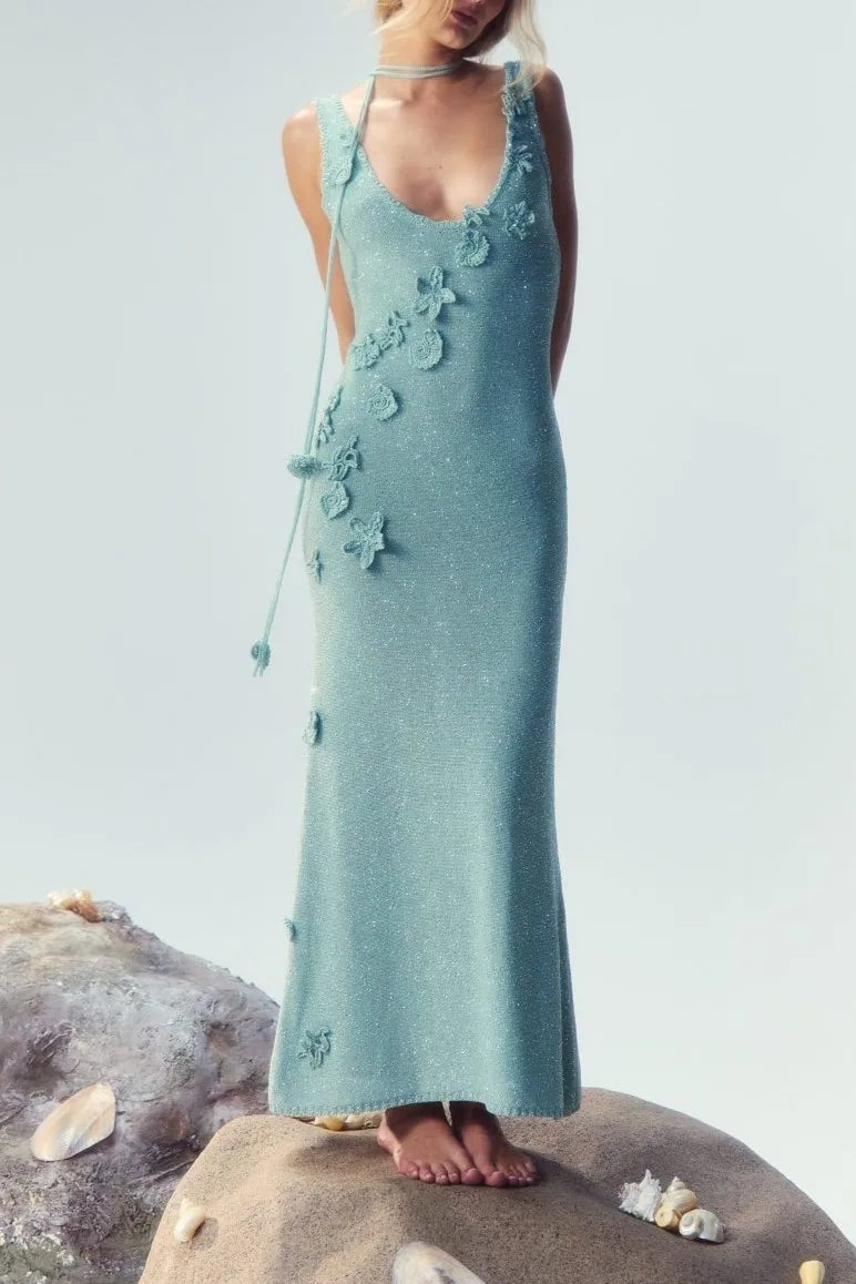 Women Sleeveless U Neck 3D Crochet Floral Sparkle Knit Midi Mermaid Dress With Lace Up Open Back
