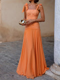 Women Tie Shoulder Strap Lace Bodice Chiffon Flowy Maxi Dress