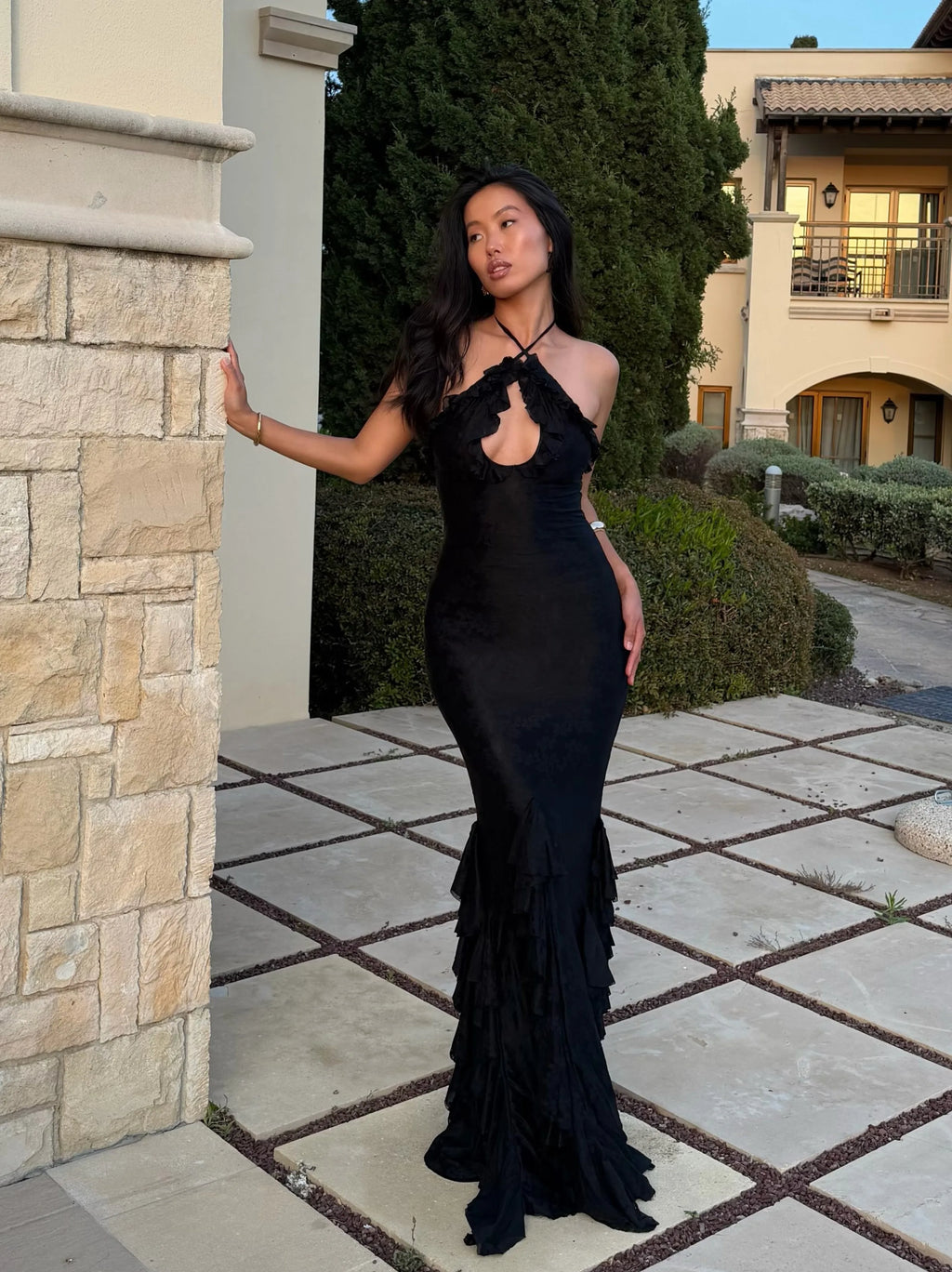Women Halter Keyhole Ruffle Bodycon Mermaid Train Maxi Dress