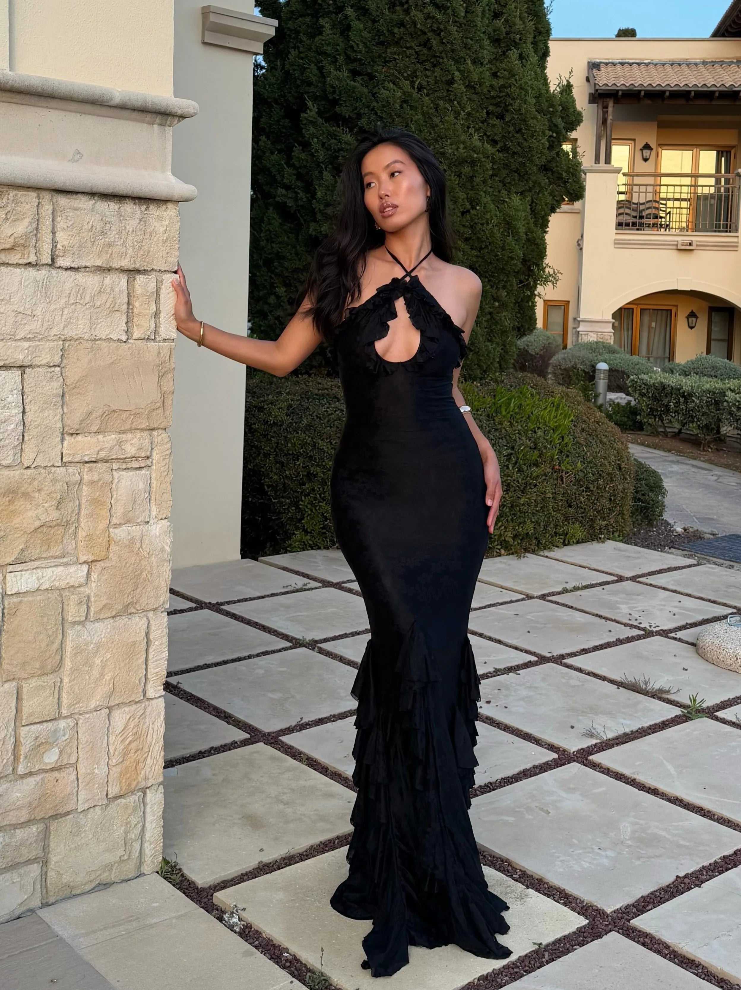 Women Halter Keyhole Ruffle Bodycon Mermaid Train Maxi Dress