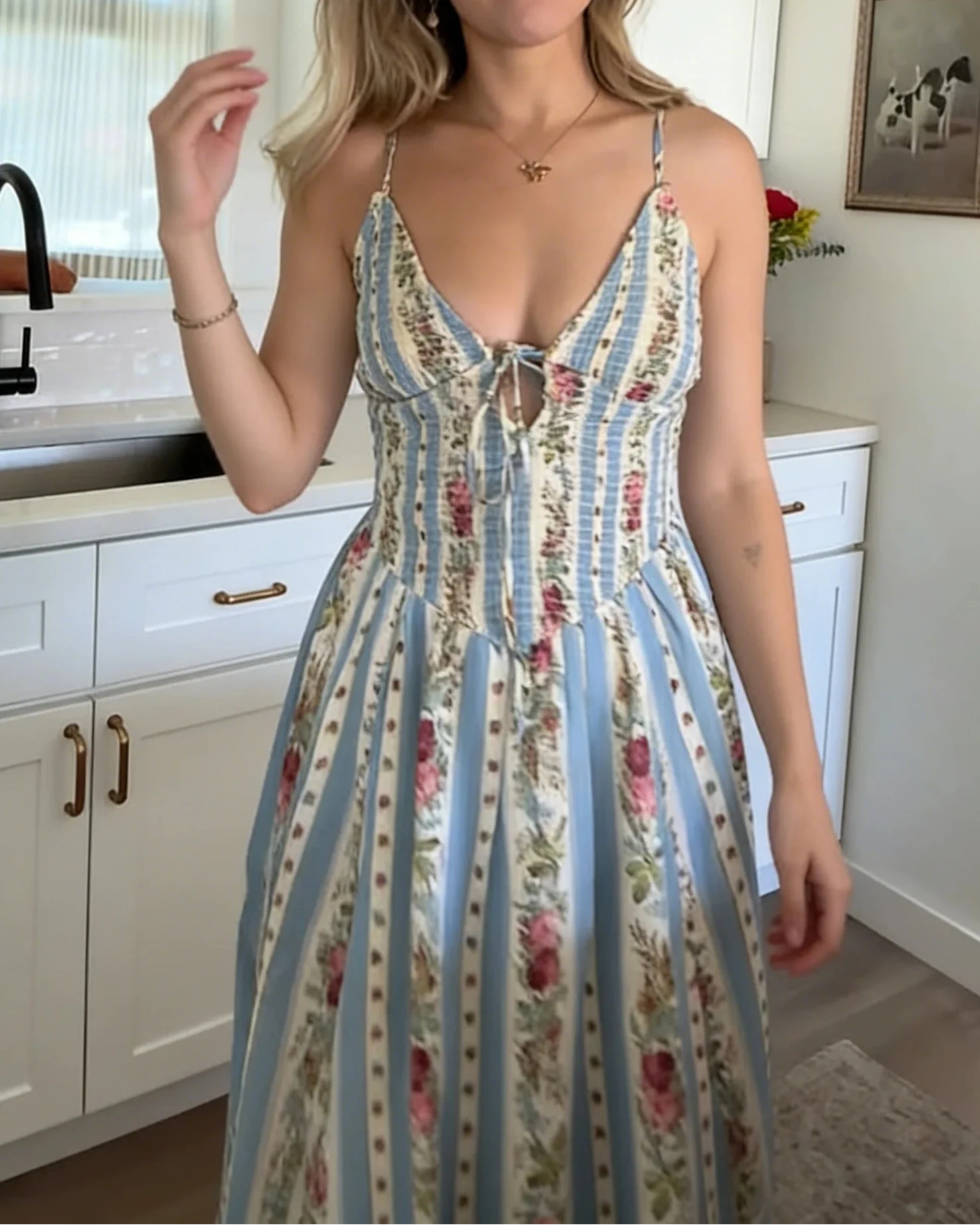 Blue White Stripe Floral V-Neck Tie Cami Flare Maxi Dress | Boho Vintage Tea Dress