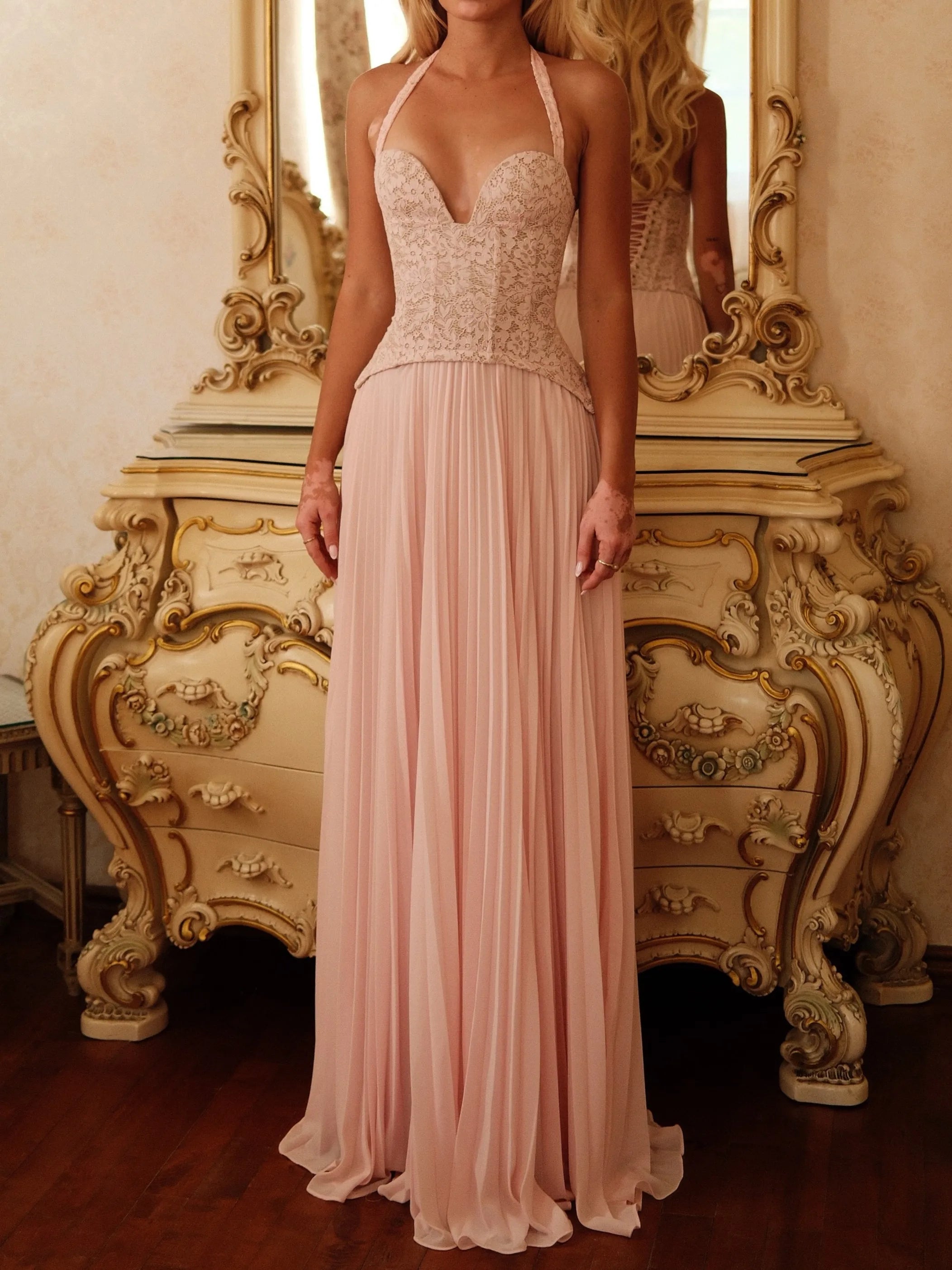 Women Thin Spaghetti Strap Eyelash Lace Corset Bodice Lace Up Back Chiffon Flowy Maxi Dress