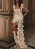 Cream Ruffle Sleeveless Lace-Up Corset Asymmetric Tiered Ruffle Maxi Dress