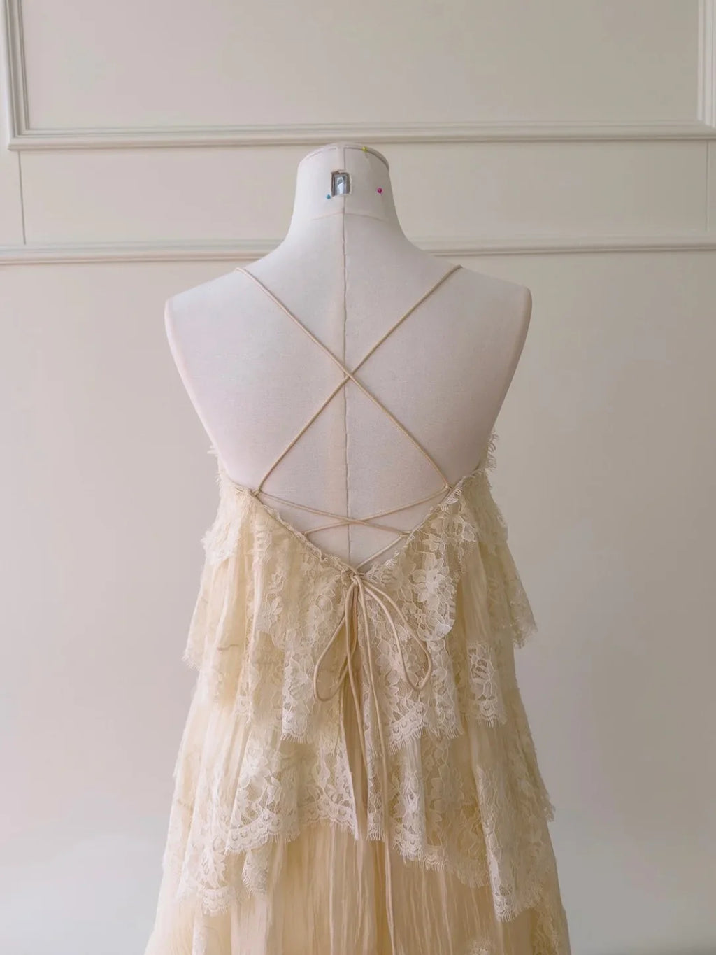 Cream Lace Tiered Open-Back Spaghetti Strap Maxi Dress