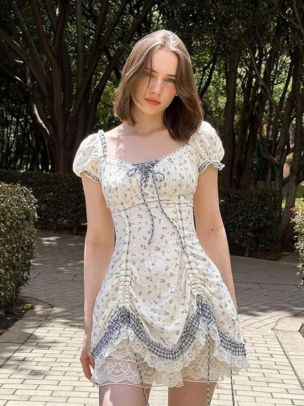 French Countryside Floral Puff Sleeve Mini Dress | Lace Trim Ruched