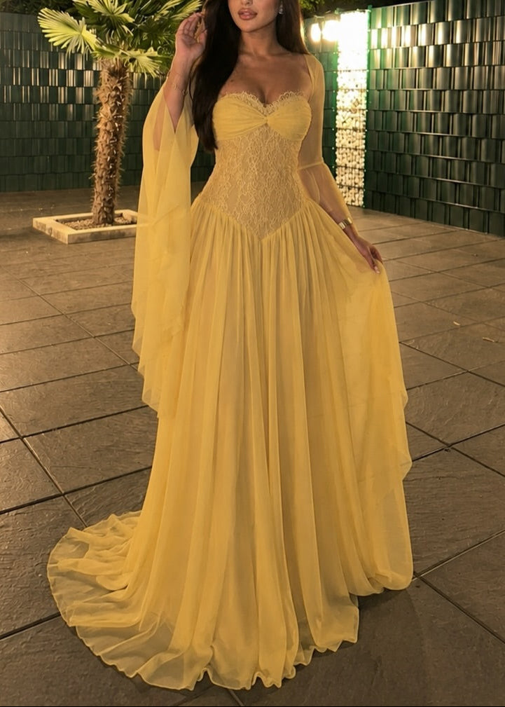 Corset Bodice Chiffon Cape Sleeve Maxi Dress