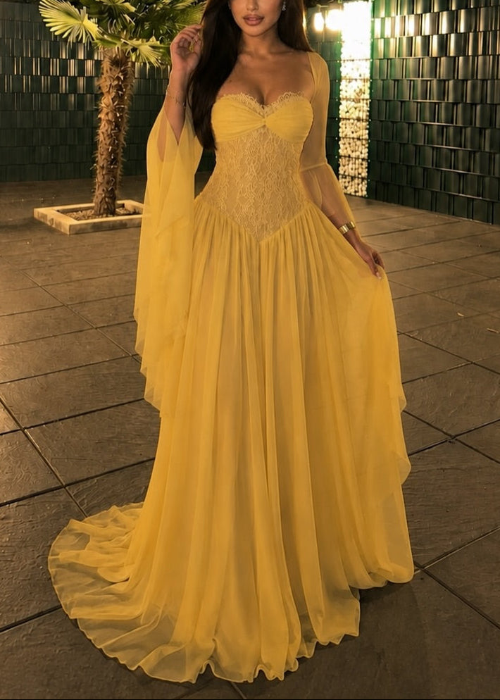 Corset Bodice Chiffon Cape Sleeve Maxi Dress