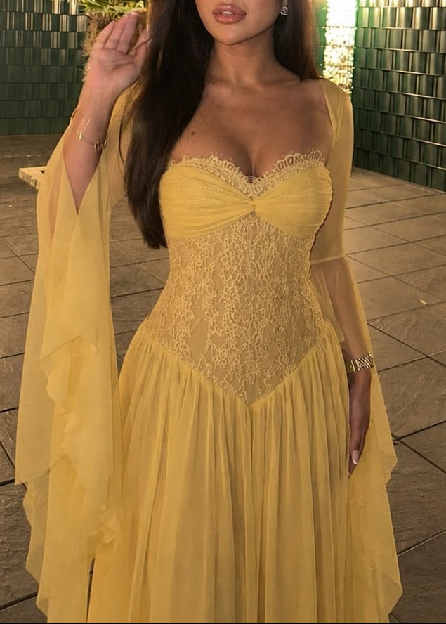 Corset Bodice Chiffon Cape Sleeve Maxi Dress