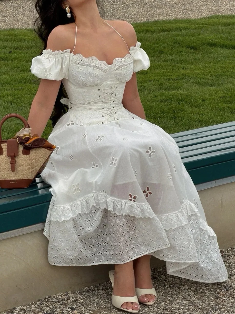 French Vintage Halter Off Shoulder Lace Corset Embroidered Maxi Dress