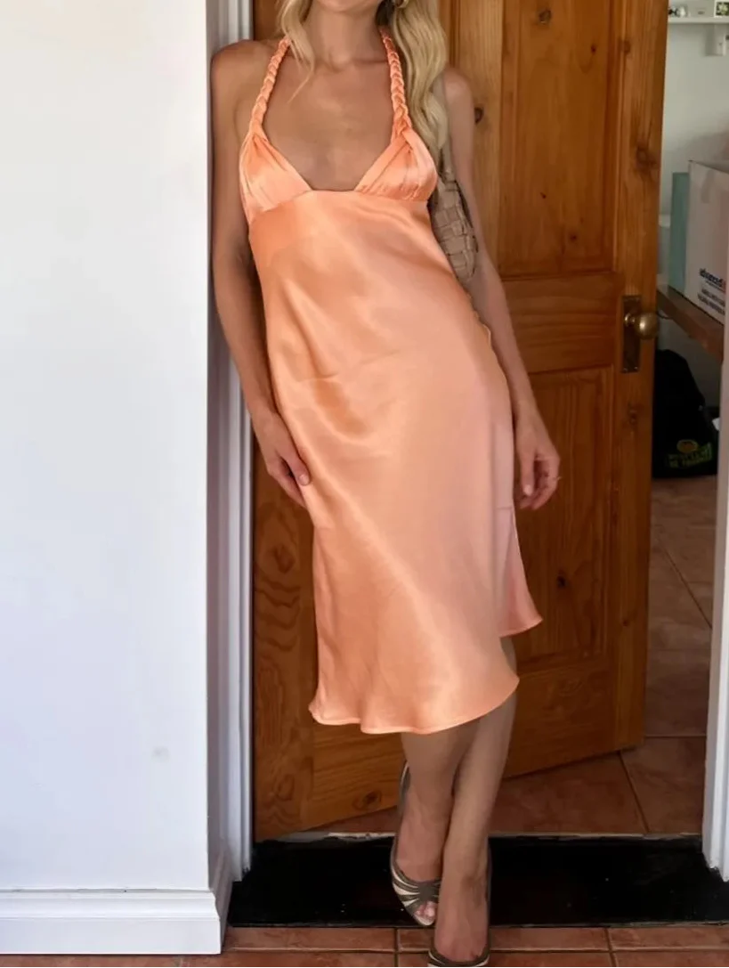 Peach Satin Braid Halter Deep V Midi Dress