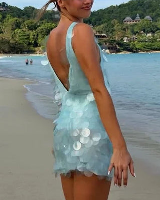 Light Blue Large Sequin Backless Vacation Mini Dress