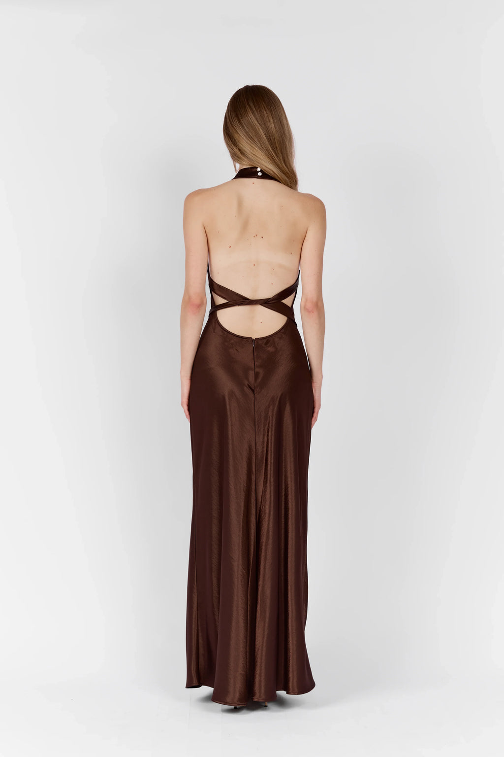 Women Cross Halter Open Back Tie Back Solid Satin Maxi Slip Dress