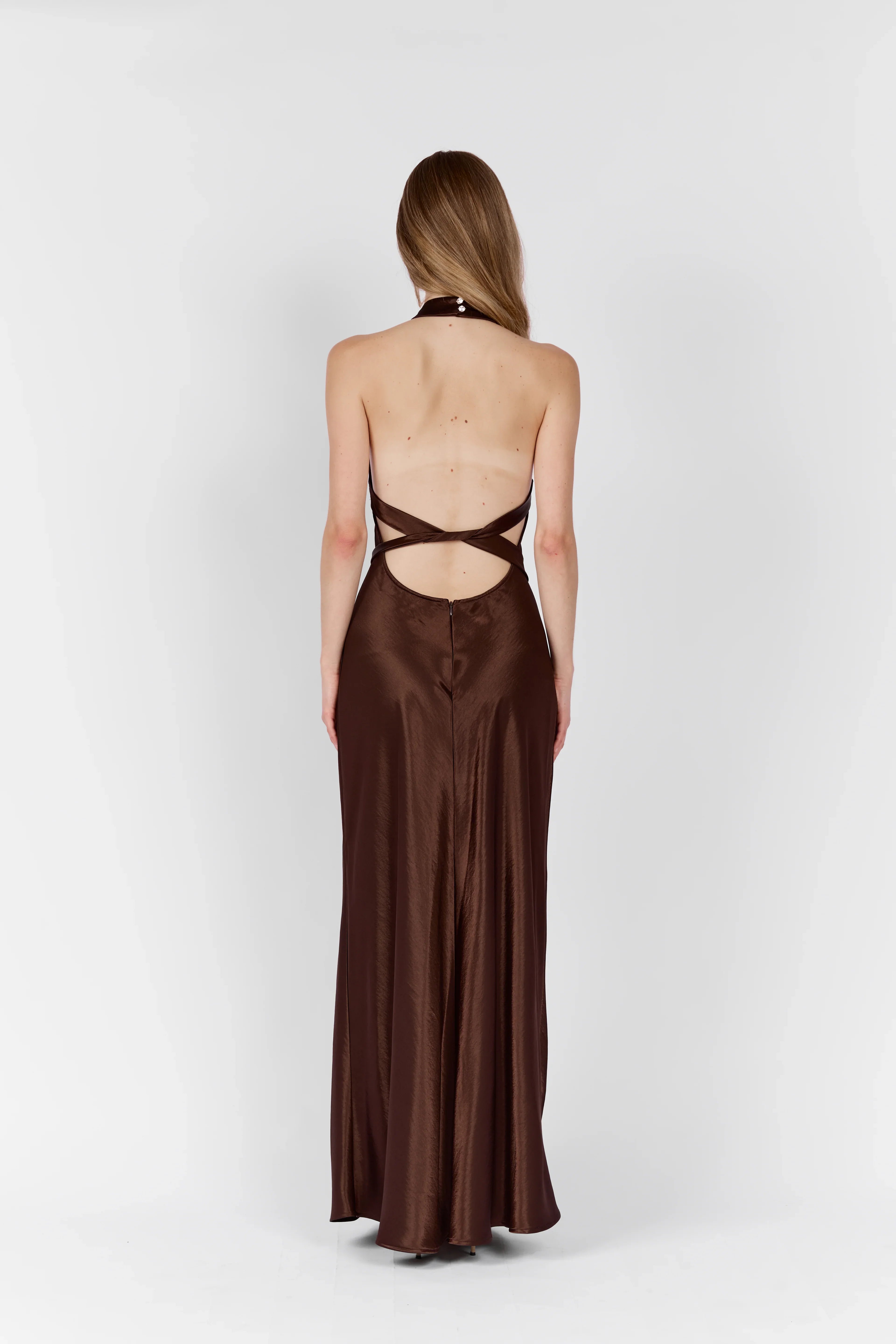 Women Cross Halter Open Back Tie Back Solid Satin Maxi Slip Dress