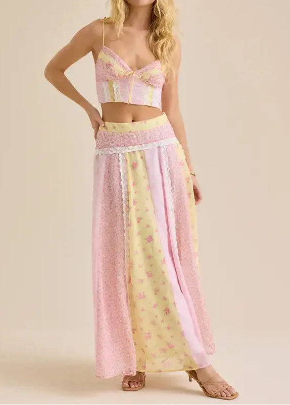 Pink Yellow Patchwork Floral Lace Cami Crop Top & Maxi Skirt Two Piece Set