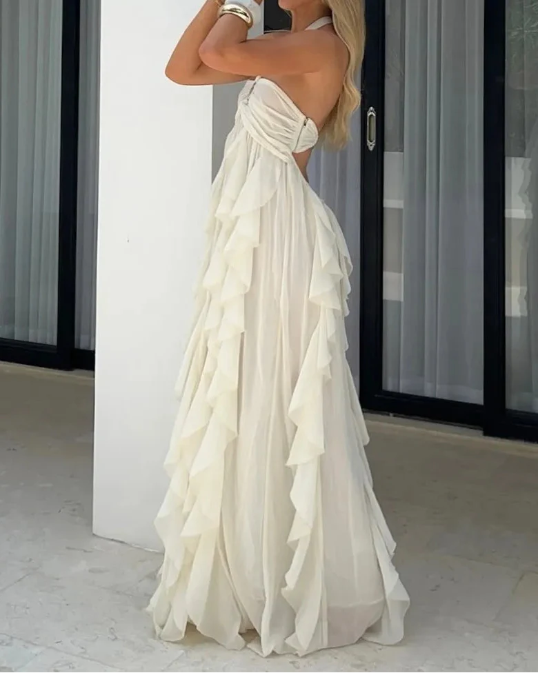 Cream White Halter Gold Rose Ruffled Backless Maxi Dress