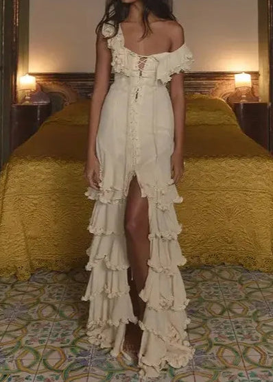Cream Ruffle Sleeveless Lace-Up Corset Asymmetric Tiered Ruffle Maxi Dress