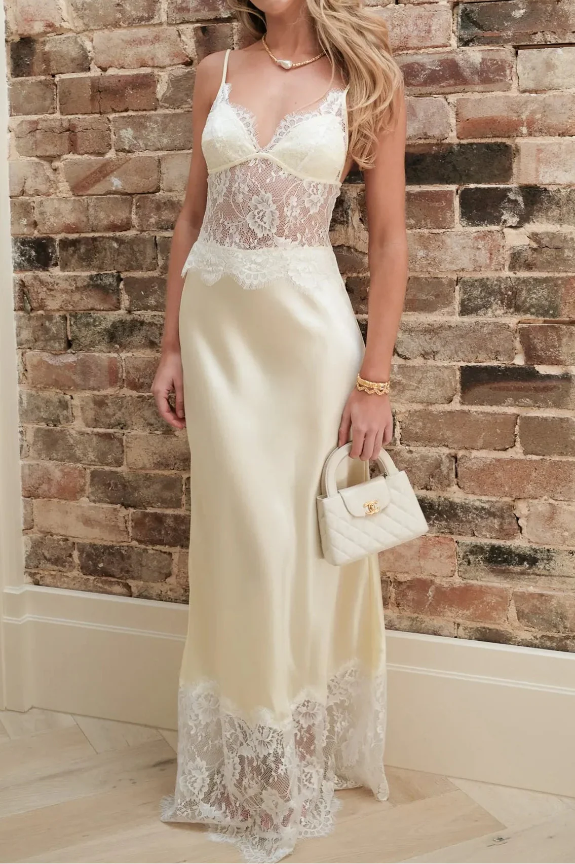 French Style Cream Lace Spliced Satin Camisole Maxi Dress