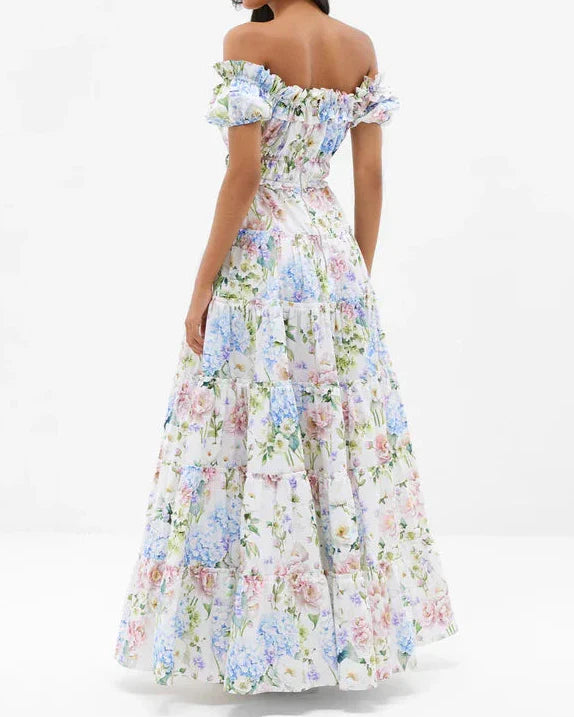 Hydrangea Floral Print Off Shoulder Smocked Waist Tiered Ruffle Maxi Dress