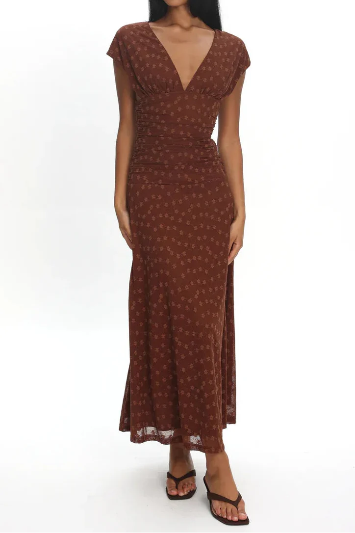 Caramel Floral Print V-Neck Cap Sleeve Ruched Waist Fitted Midi Dress