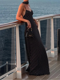 Polka Dot Slip Dress with Open Back & Neck Scarf