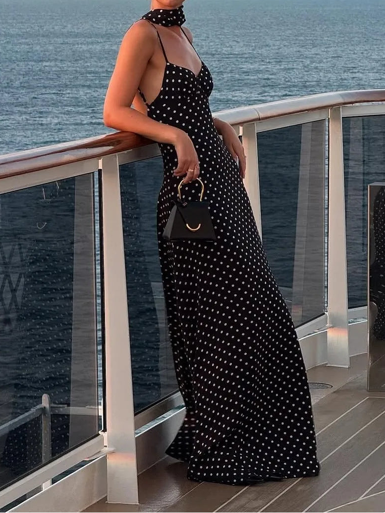 Polka Dot Slip Dress with Open Back & Neck Scarf