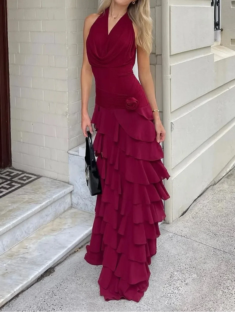 Burgundy Halter Ruched Rose Accent Ruffled Backless Maxi Dress