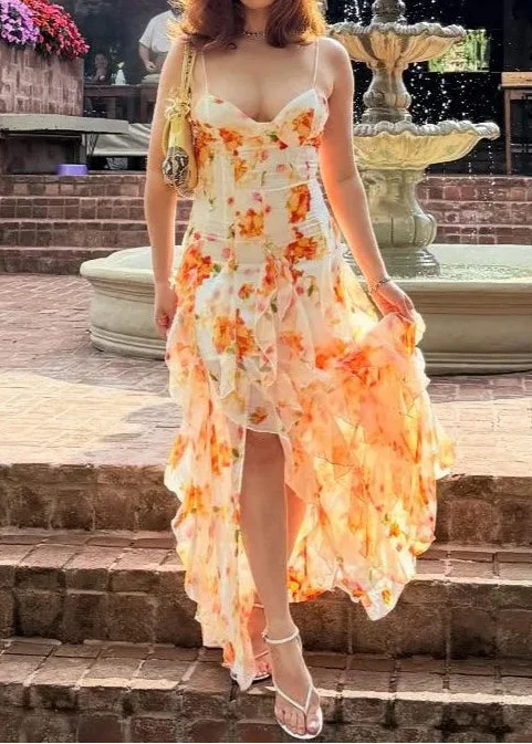 Orange Tie-Dye Floral V-Neck Cami Irregular Ruffle Maxi Dress | Vacation Elegant Beach Dress