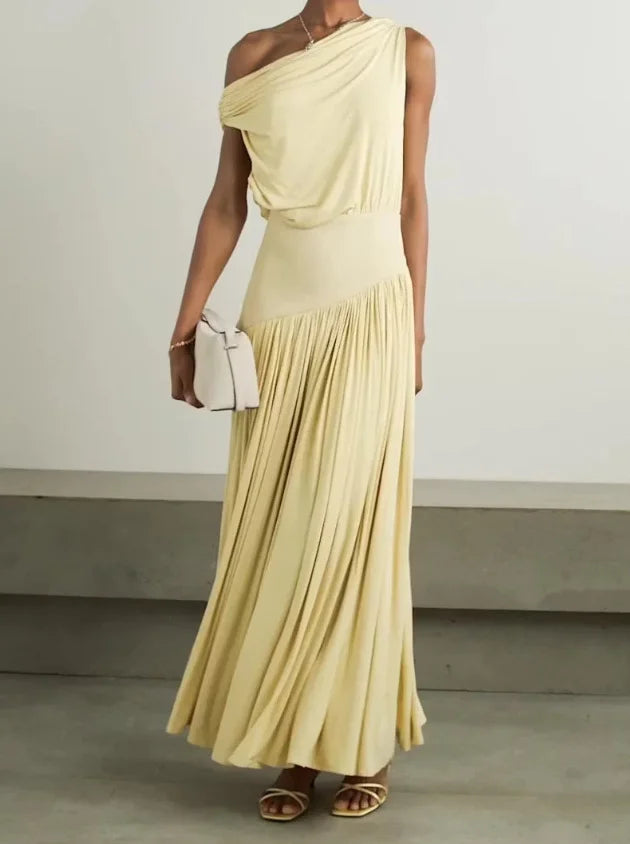 Irregular Diagonal Collar Pleated Solid Color Dress Seaside Dress