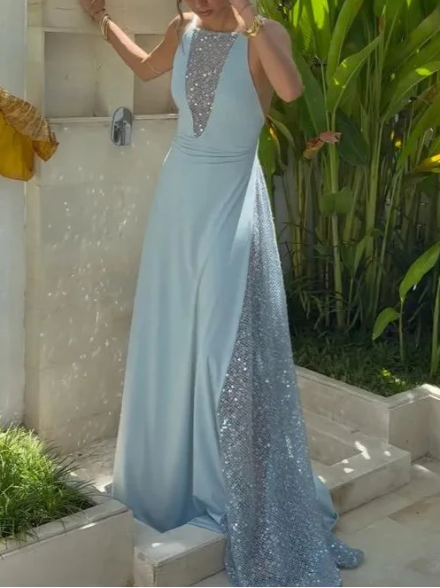 Light Blue Halter Neck Open Back Sequin Panel Drape Maxi Dress | Luxury Elegant Evening Gown
