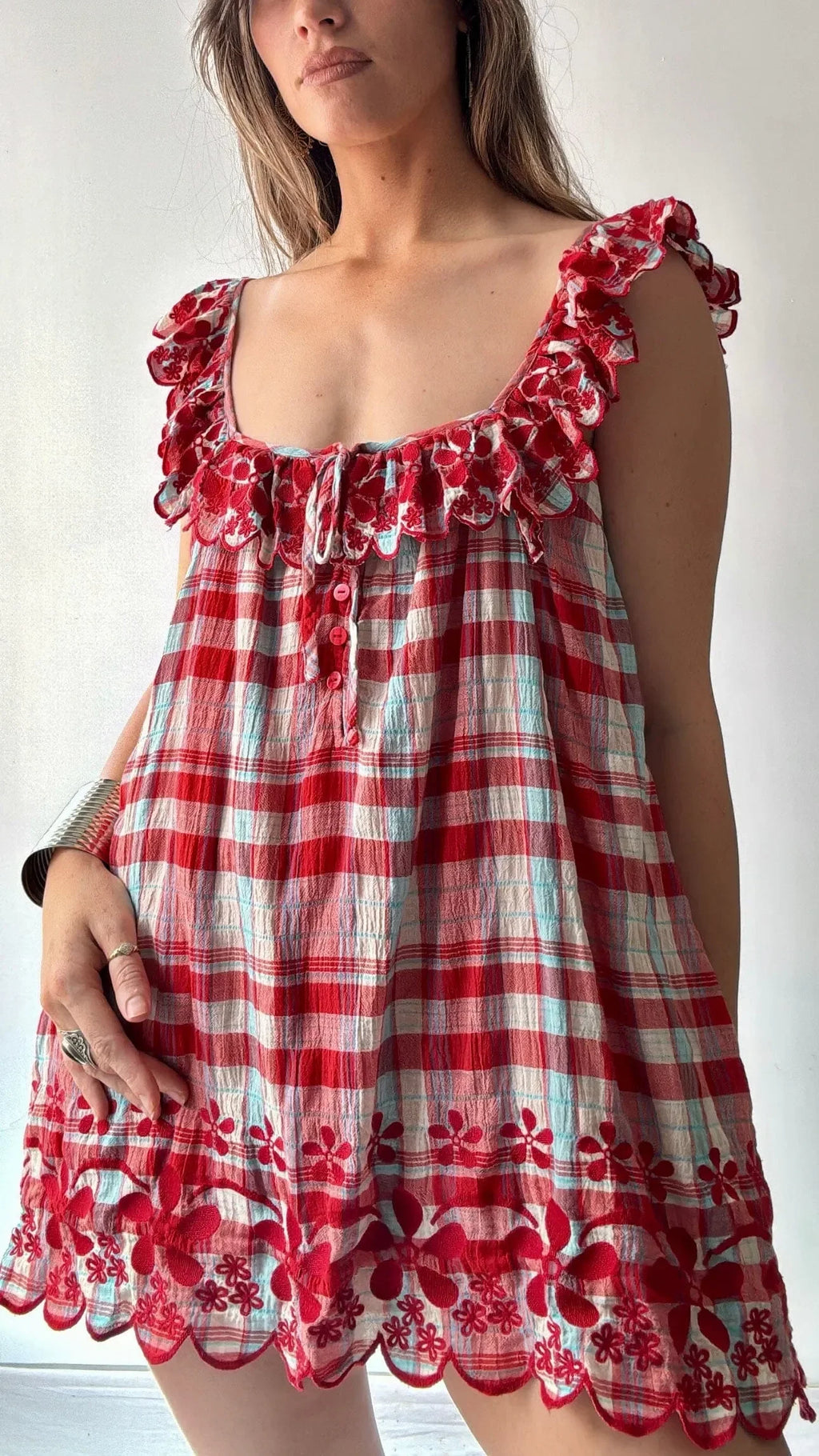 Red & White Plaid Embroidered Ruffle Mini Dress