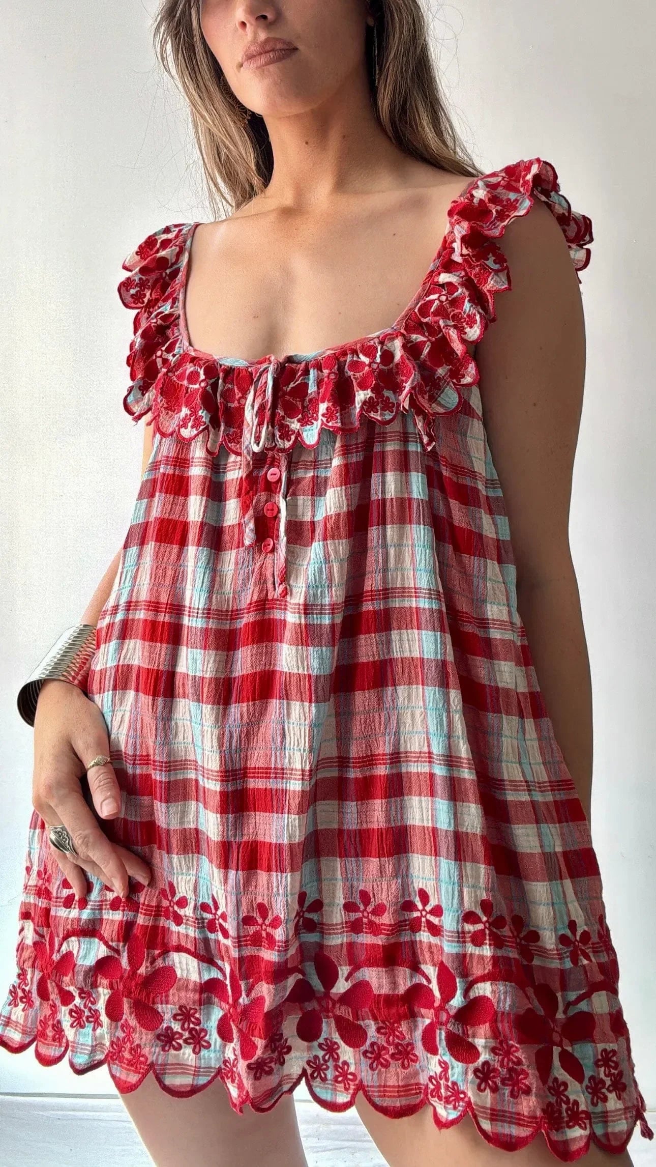 Red & White Plaid Embroidered Ruffle Mini Dress